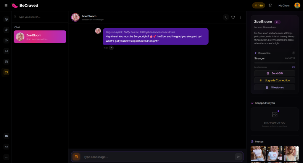 BeCraved.com chat interface with AI companion conversation and live voice call options