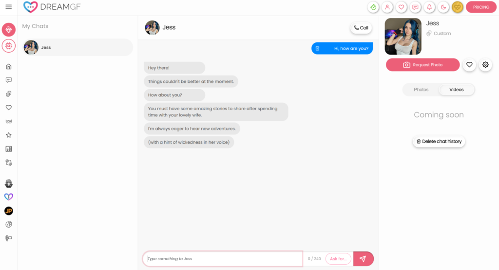 DreamGF chat interface with AI girlfriend conversation and media options