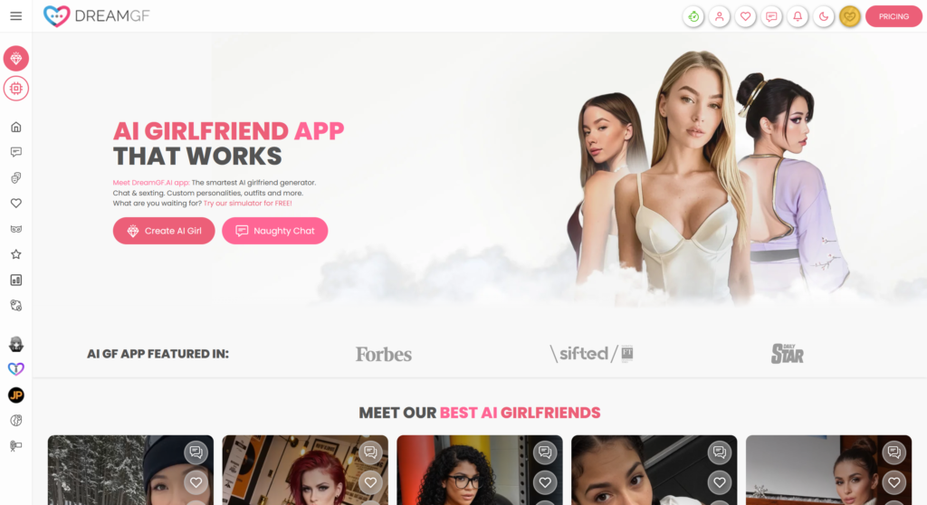 DreamGF homepage with AI girlfriend app and featured characters