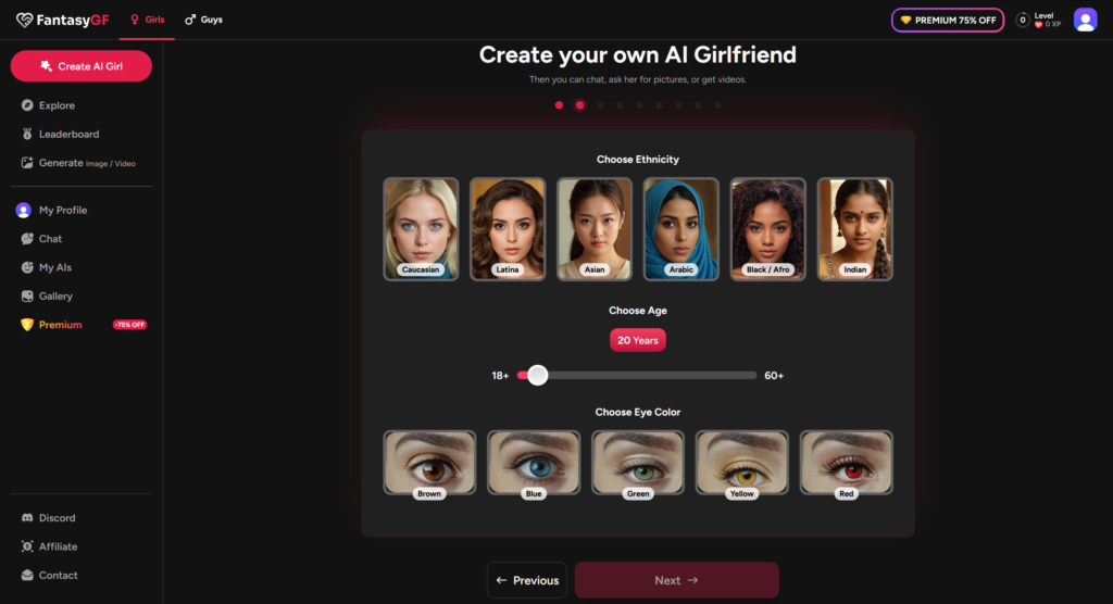 FantasyGF character creation screen for building a custom AI girlfriend