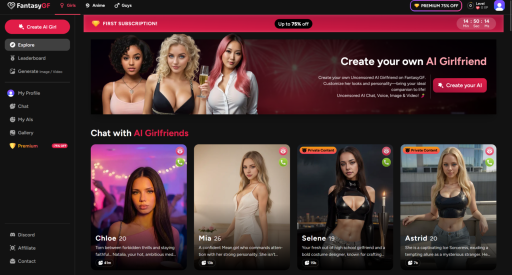 FantasyGF homepage with AI girlfriend gallery and featured characters