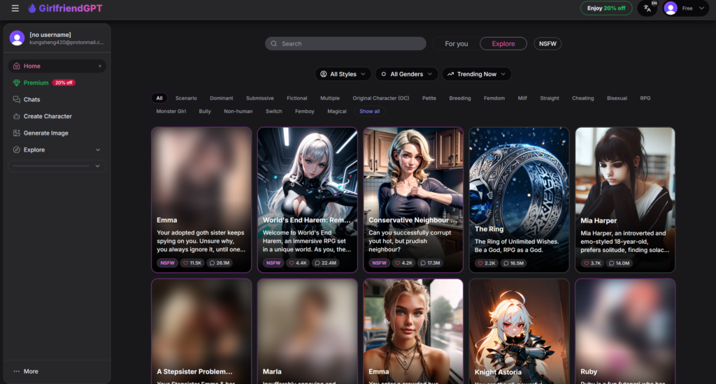 GirlfriendGPT homepage with AI companion gallery and featured characters