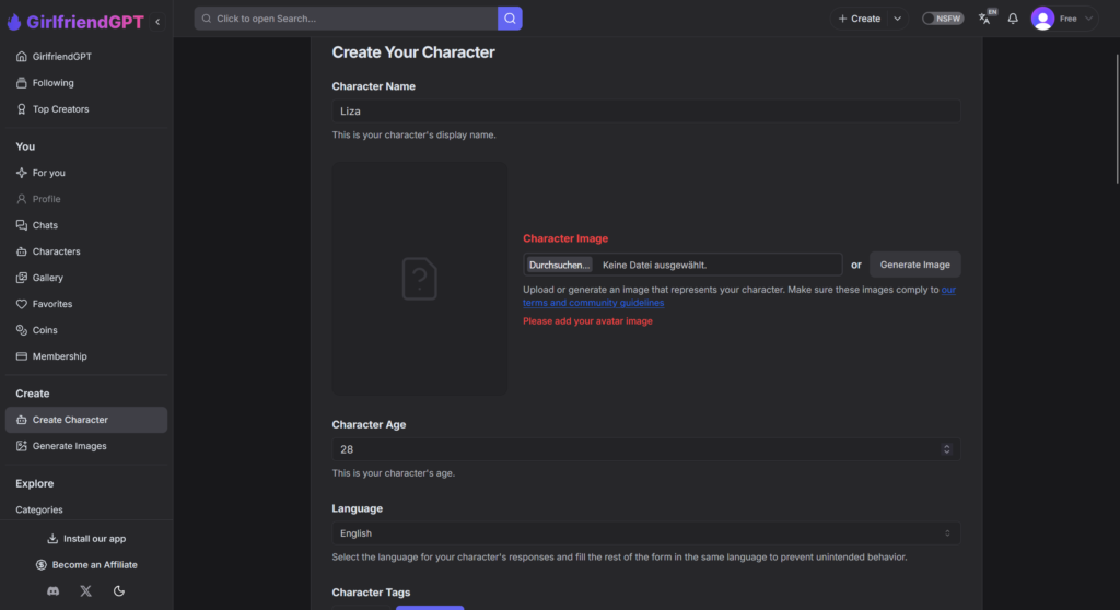 GirlfriendGPT character creation screen with custom AI companion settings