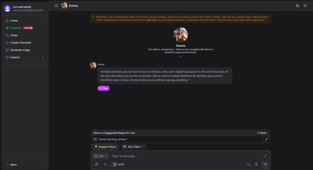 GirlfriendGPT chat interface with AI companion conversation and media tools