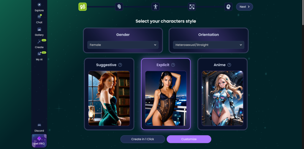 Infatuated.ai character creation screen with style and orientation options