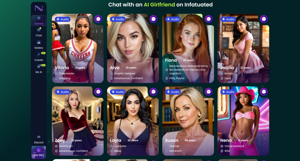 Infatuated.ai homepage with AI girlfriend gallery and featured characters