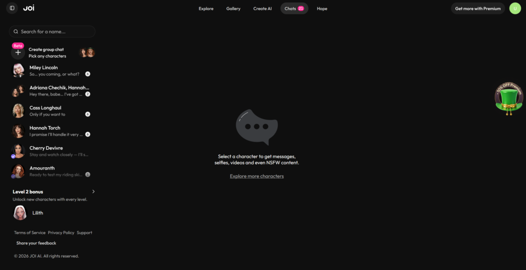 Joi.com chat interface with NSFW AI roleplay conversation
