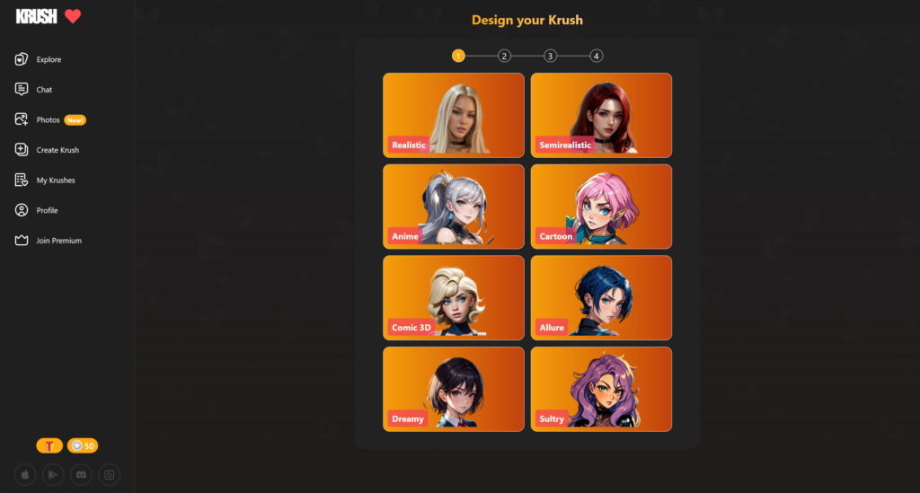 Krush.chat character creation screen with style and appearance options