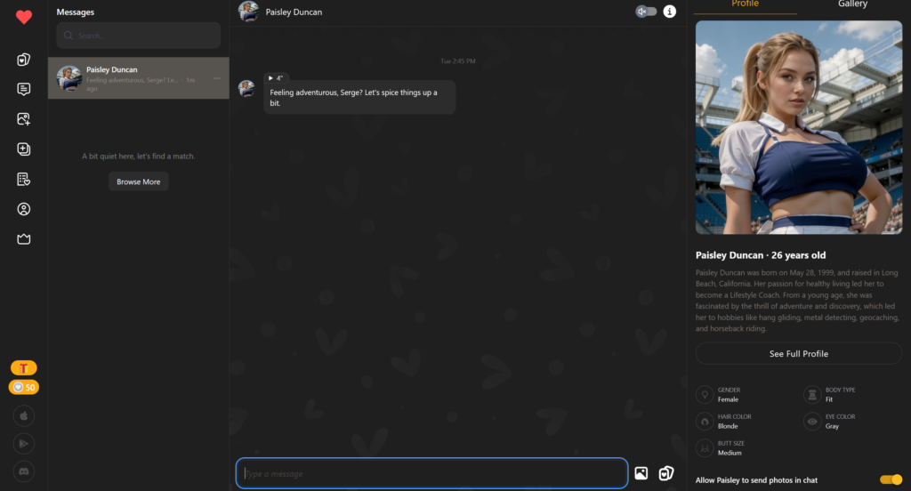 Krush.chat chat interface with AI girlfriend conversation and media options