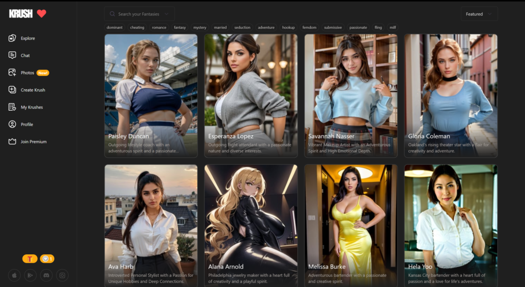 Krush.chat homepage with AI girlfriend app overview and feature highlights