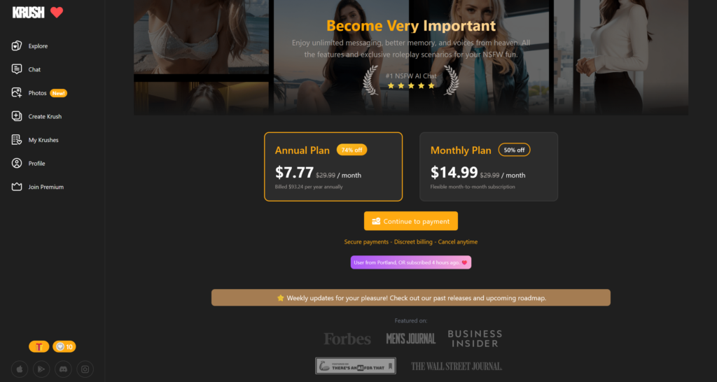 Krush.chat pricing plans and premium subscription options