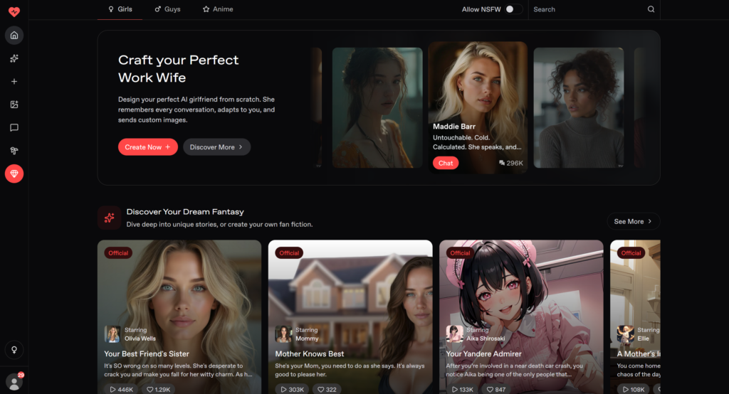 Nectar.ai homepage with AI companion gallery and featured characters