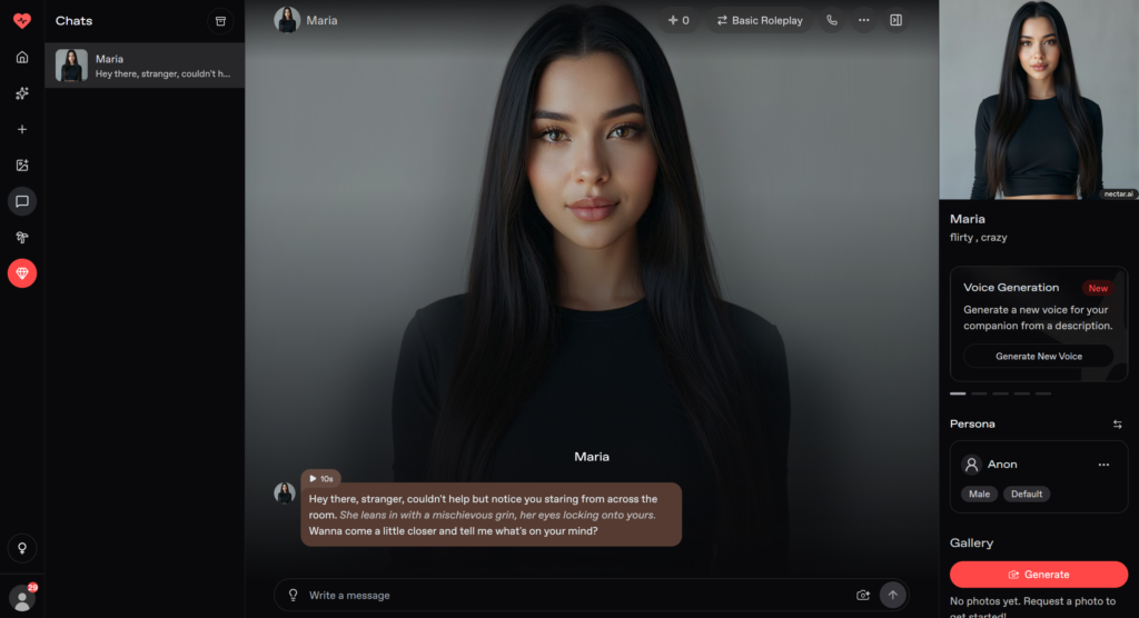 Nectar.ai chat interface with AI companion conversation and roleplay features
