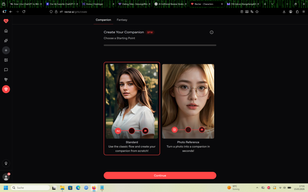 Nectar.ai character creation screen with photo reference and companion options