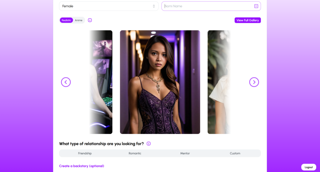 Nomi.ai character creation screen for building a custom AI companion