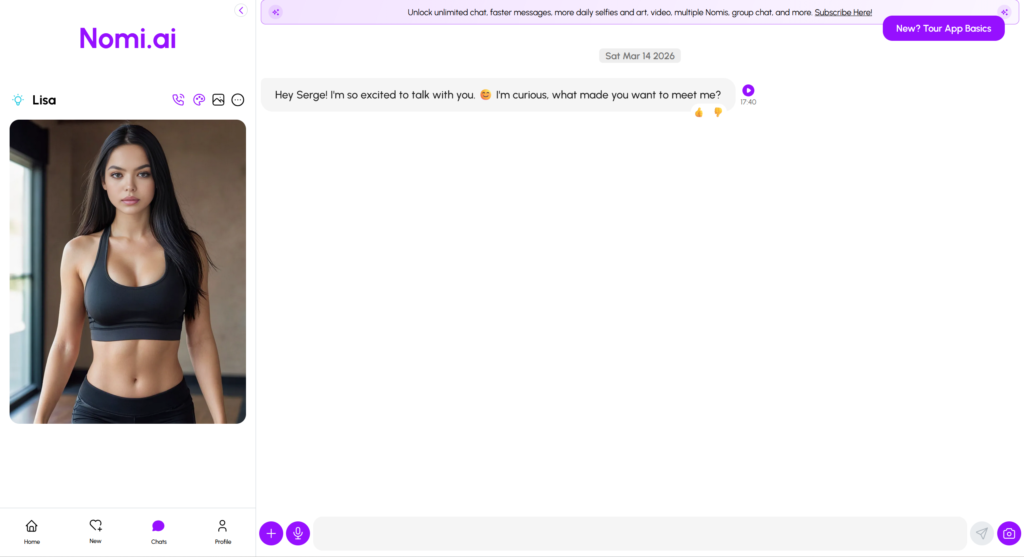 Nomi.ai chat interface with AI companion conversation
