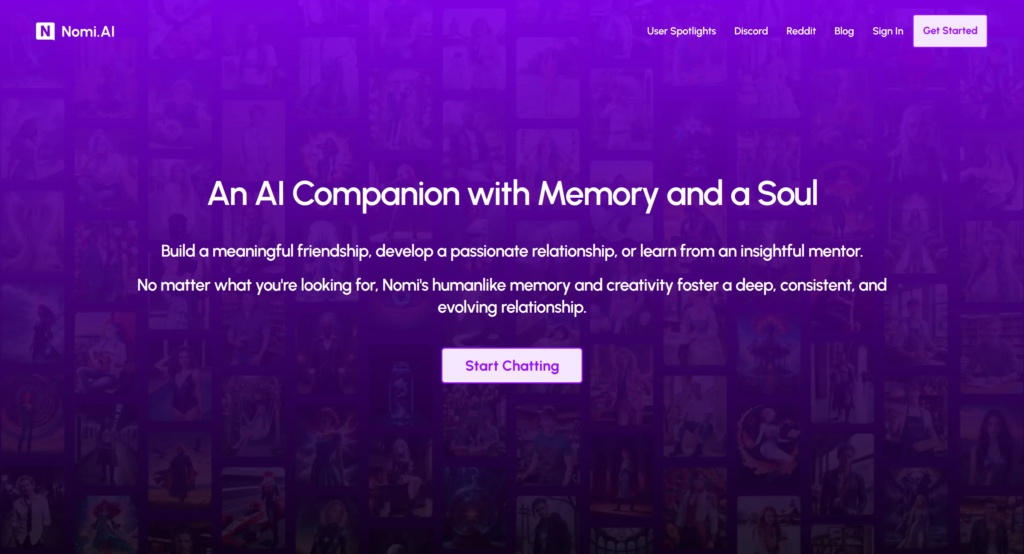 Nomi.ai homepage for AI companion chat and memory-based interaction