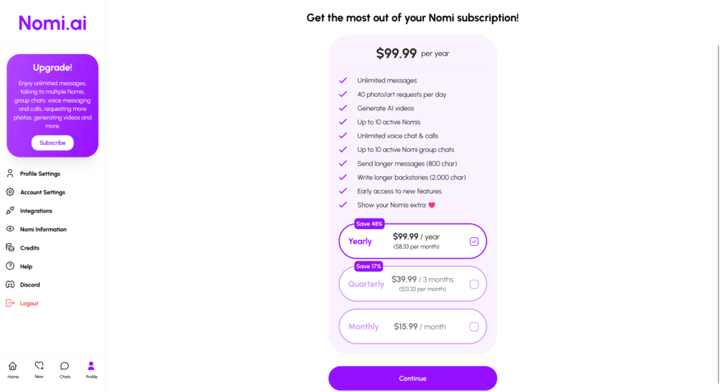 Nomi.ai pricing plans and premium subscription options