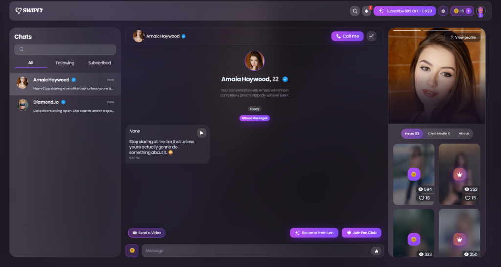 Swipey.ai chat interface with AI girlfriend conversation and voice call features
