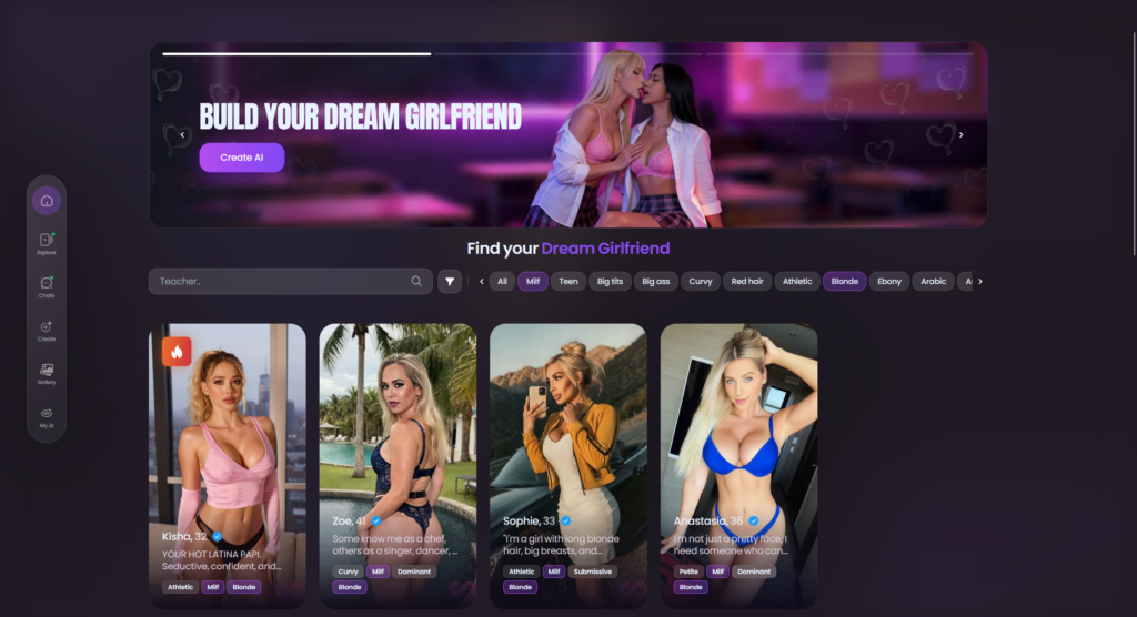 Swipey.ai homepage with AI girlfriend gallery and featured characters