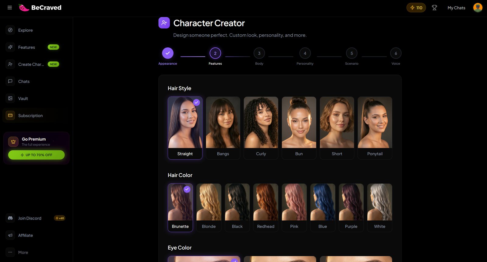BeCraved character feature screen