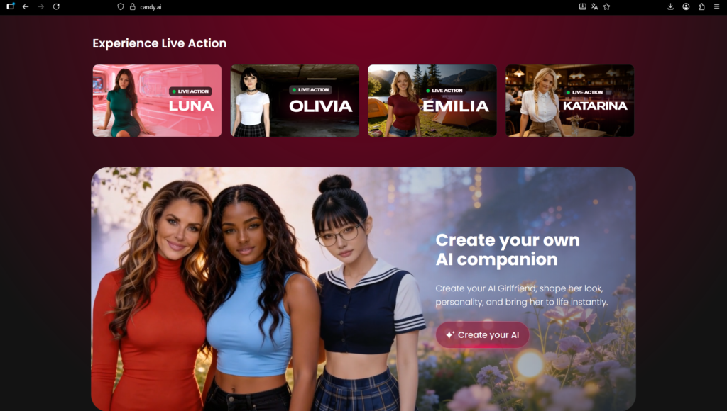Candy.ai homepage with AI companion gallery and character creation banner